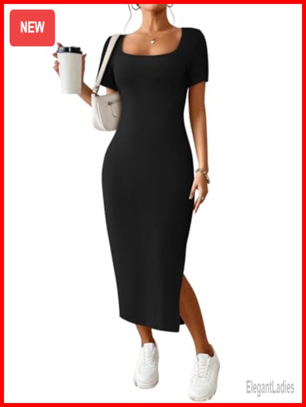 Ribbed Knit Bodycon Maxi Dress Short Sleeve High Slit Casual Summer